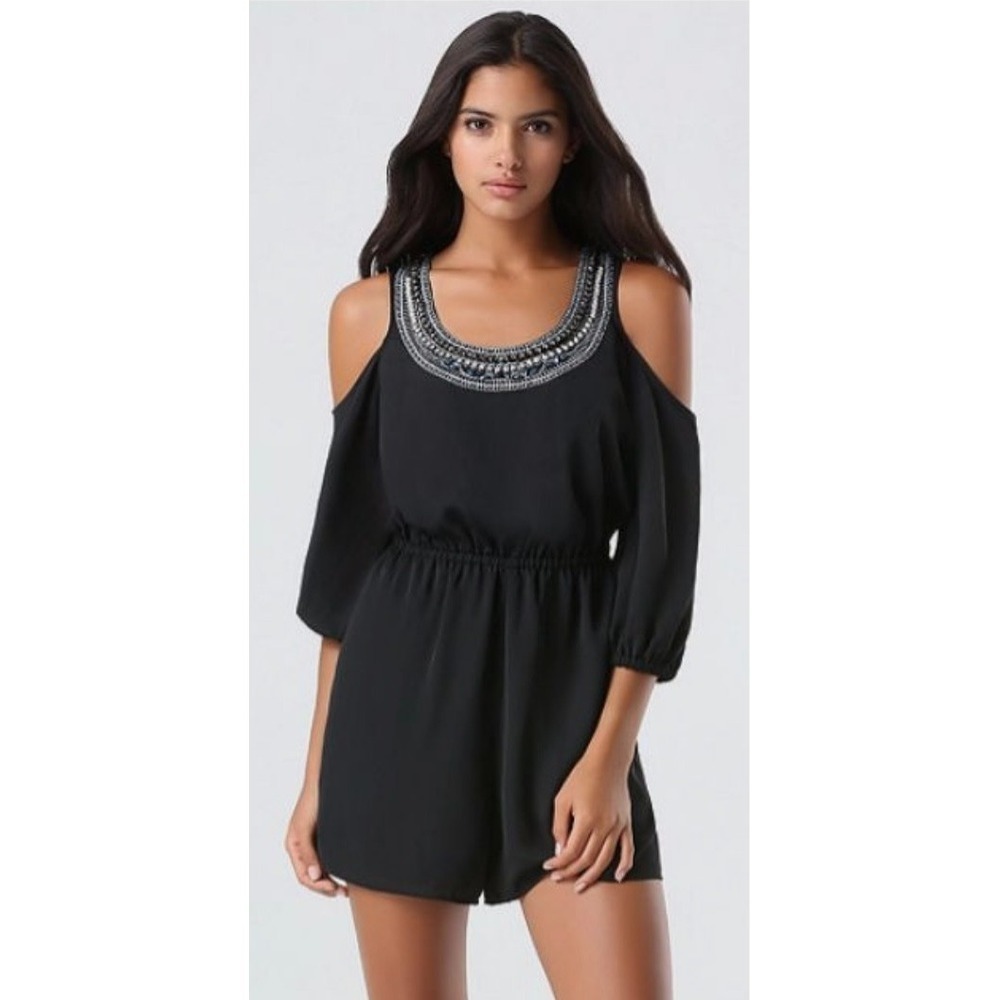 bebe Embellished Romper Black XS Y2K Cold Shoulder Jeweled Party Club Festival